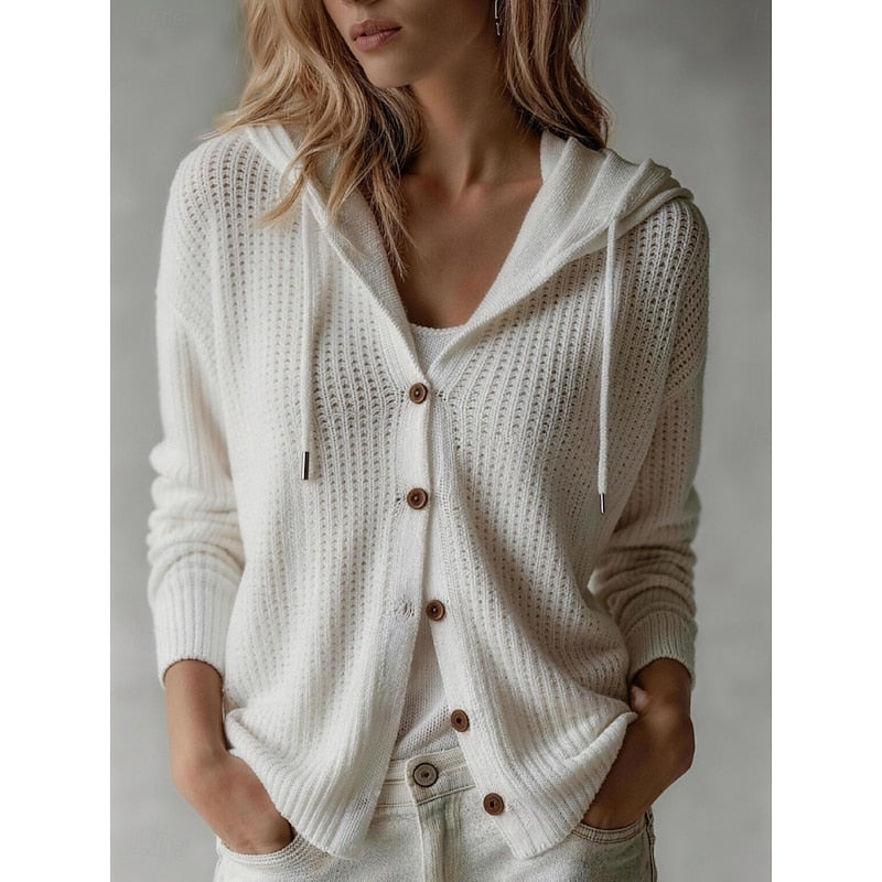 Isla hooded waffle knit cardigan in white, front view with hands in pockets