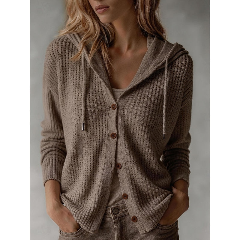 Isla hooded waffle knit cardigan in taupe, front view with hands in pockets