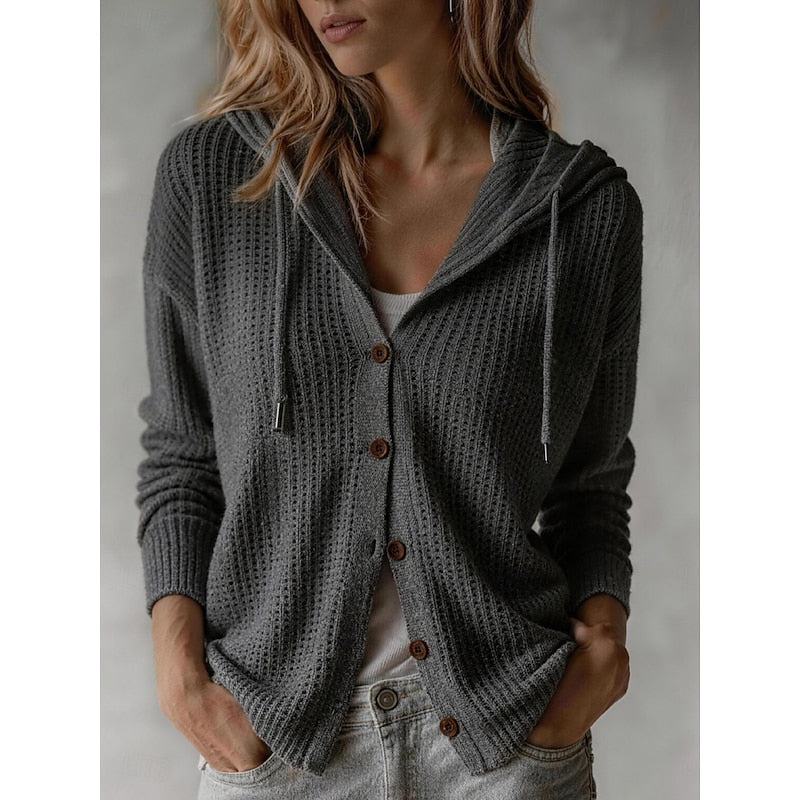 Isla hooded waffle knit cardigan in charcoal grey, front view with hands in pockets