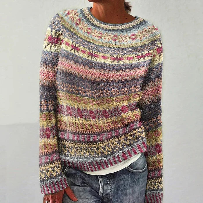 Isolde Fair Isle knit sweater in pink and blue multicolor, front view close-up