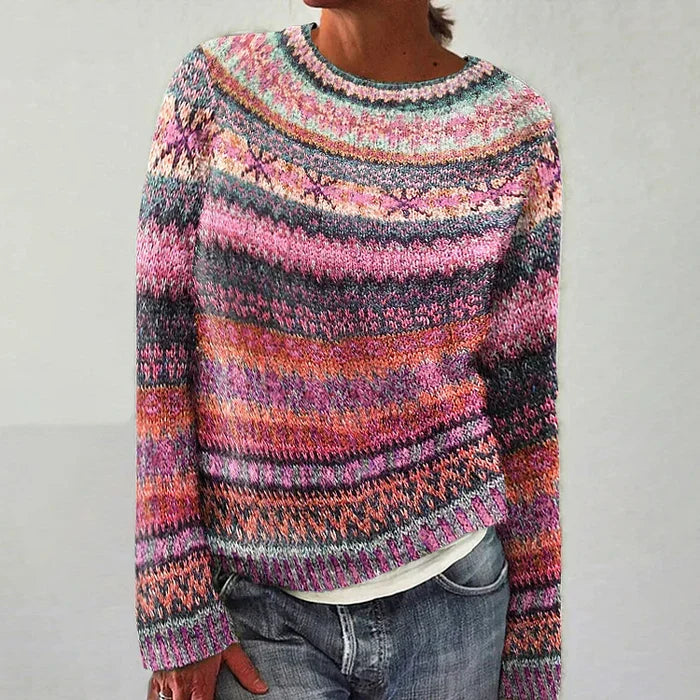 Isolde Fair Isle knit sweater in pink and orange multicolor, front view close-up