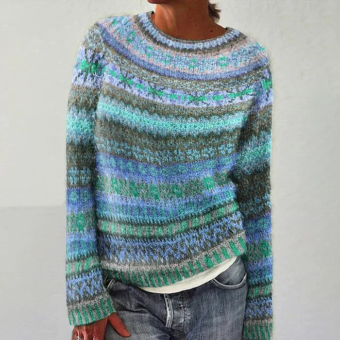 Isolde Fair Isle knit sweater in blue and green multicolor, front view close-up