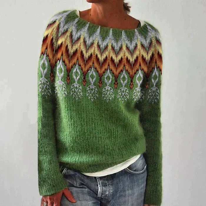 Isolde Fair Isle knit sweater in green with chevron pattern, front view close-up