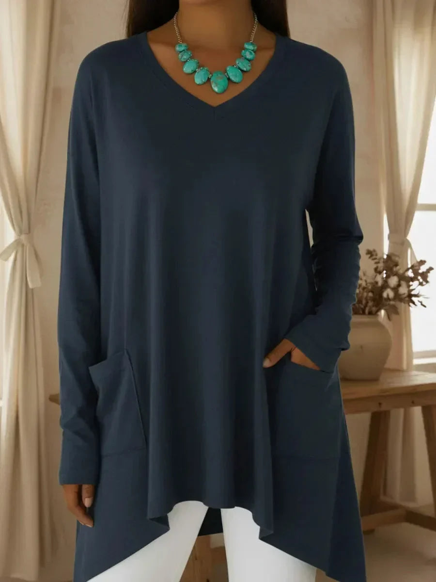 Isolde navy blue V-neck loose sweater, front view