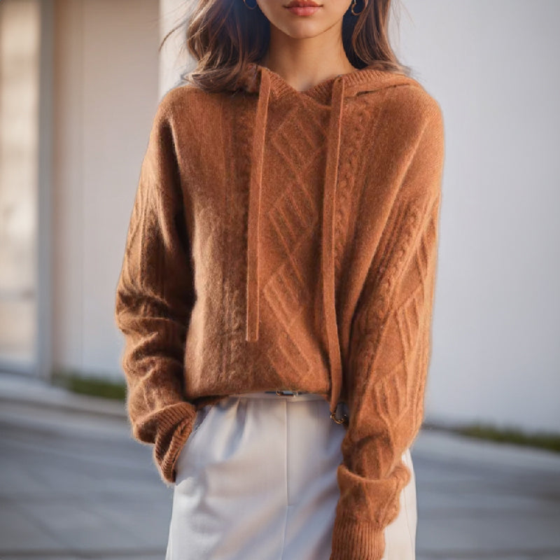 Jamie brown cable knit hooded pullover sweater, front view
