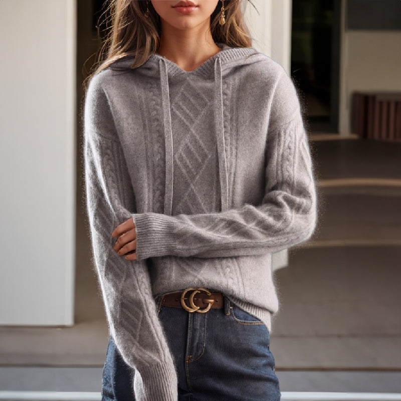 Jamie gray cable knit hooded pullover sweater, front view