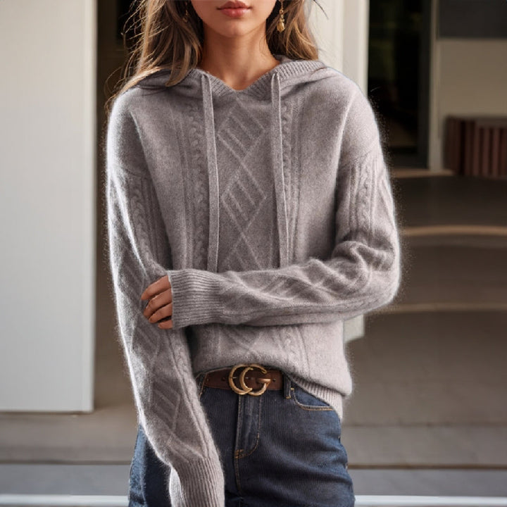 Jamie gray cable knit hooded pullover sweater, front view
