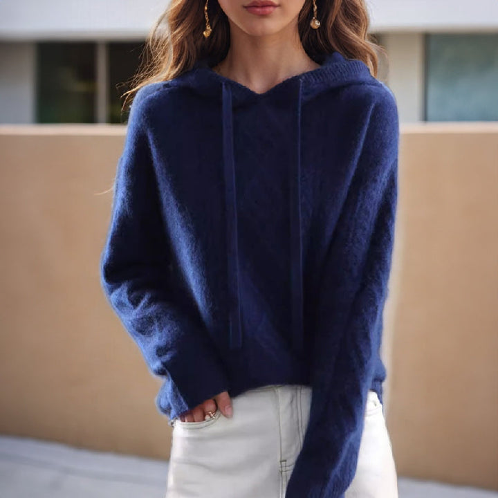 Jamie navy cable knit hooded pullover sweater, front view