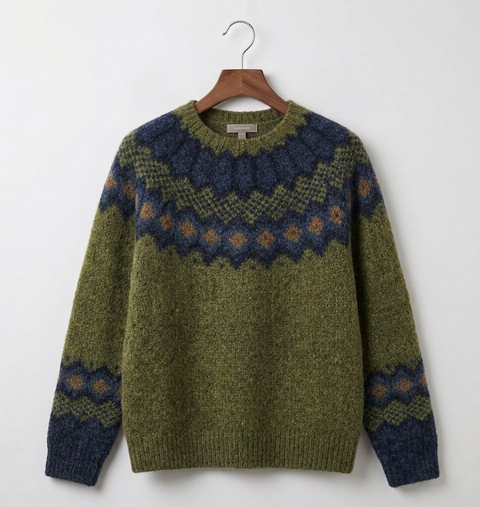 Jessica Nordic fair-isle crew neck sweater on wooden hanger, front view