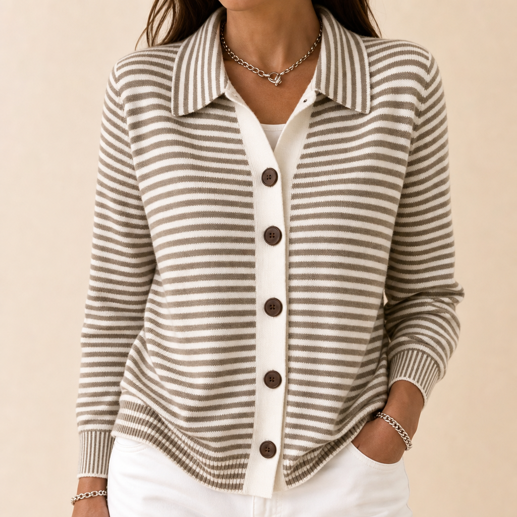 Josefina striped collared button-front cardigan, close-up front view