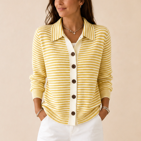 Josefina striped cardigan worn outdoors at a doorway, front view
