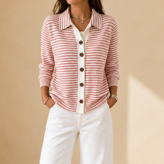 Josefina striped cardigan worn outdoors at a doorway, front view