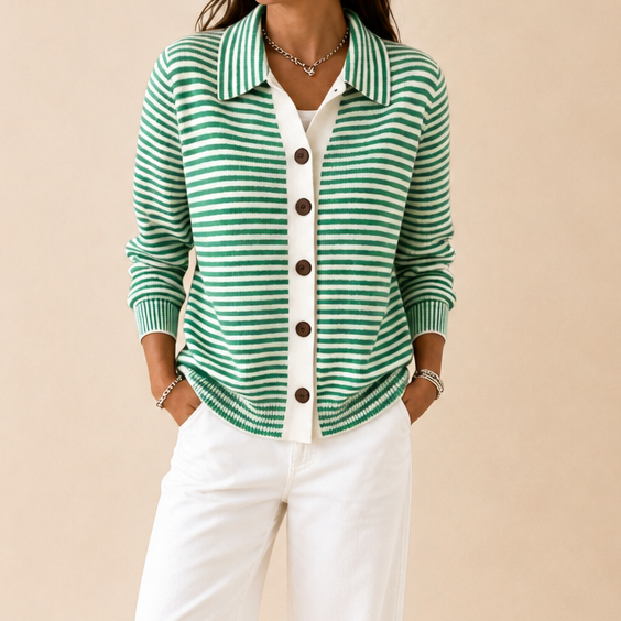 Josefina striped cardigan worn outdoors at a doorway, front view