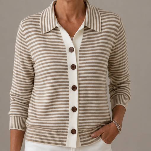 Josefina striped button-front cardigan, detail view of collar and buttons
