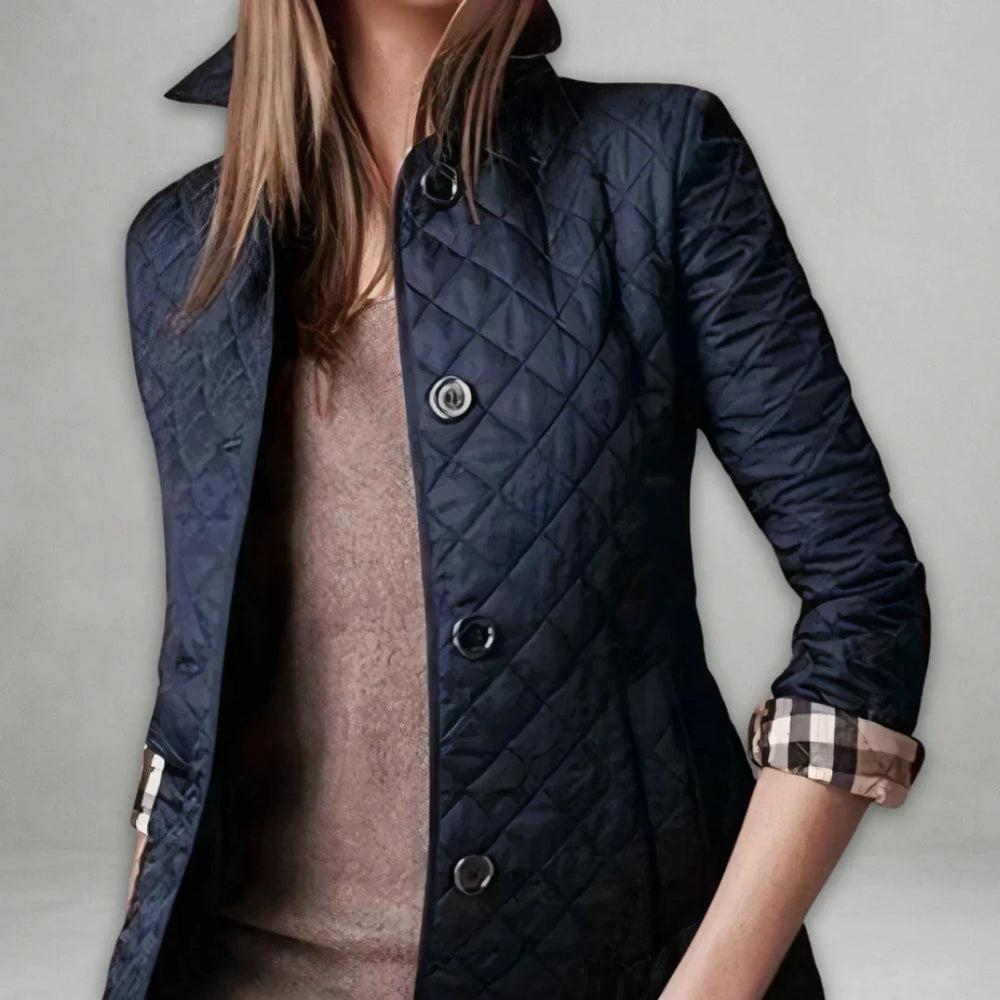 Josephine quilted jacket in navy, close-up on button closure