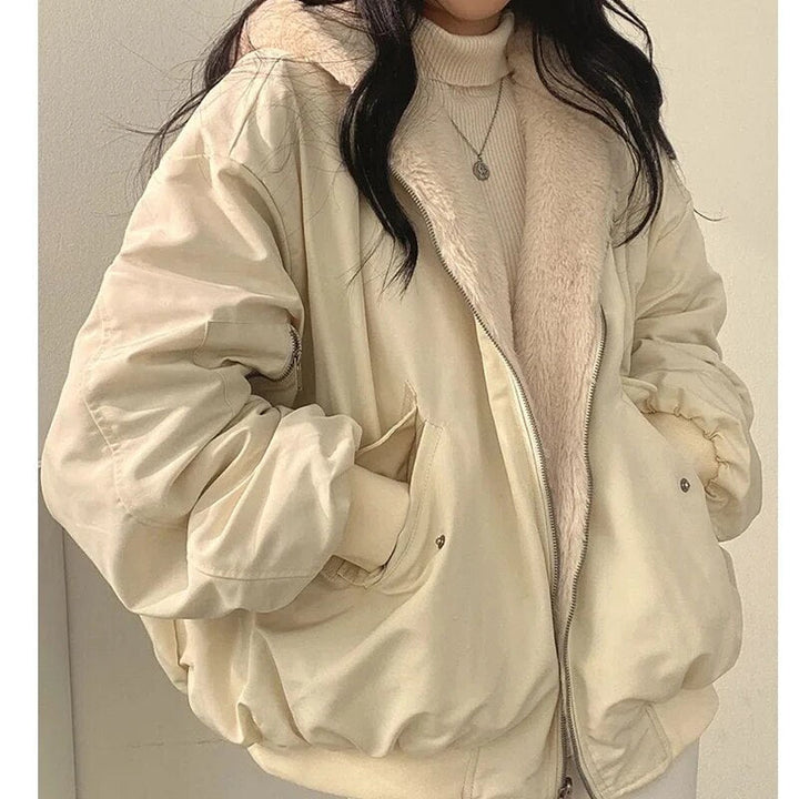 Josephine reversible hooded sherpa puffer jacket, front view with hood down