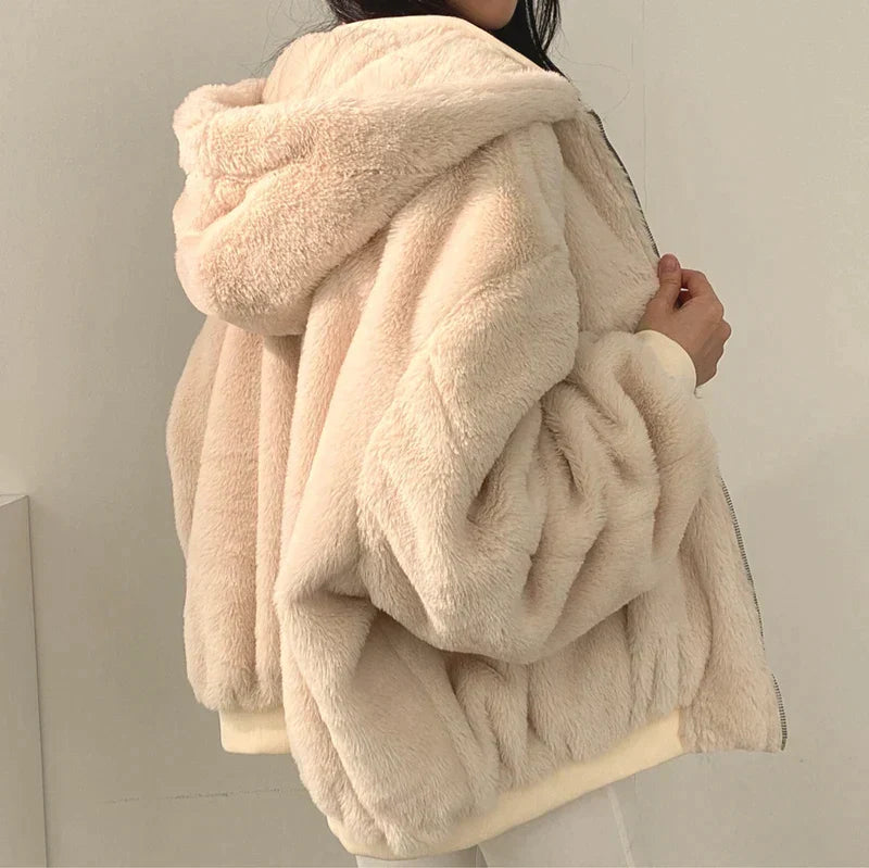 Josephine sherpa fleece jacket, side view showing hood and plush texture