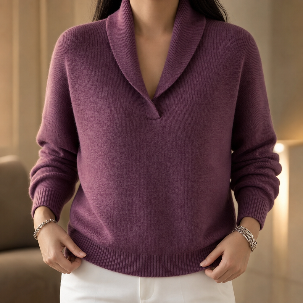 Josephine burgundy shawl collar ribbed knit pullover sweater, close-up front view