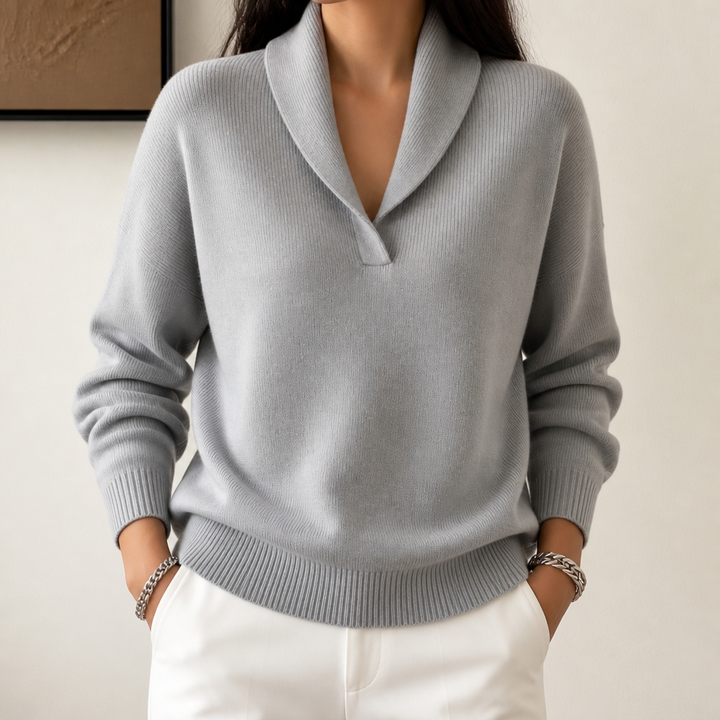 Josephine burgundy shawl collar pullover sweater, full front view with friend in matching style