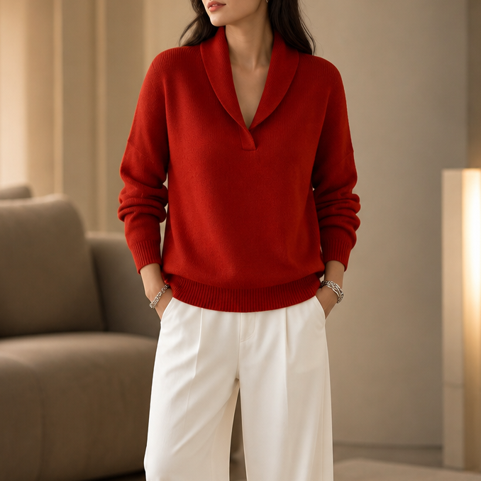 Josephine burgundy shawl collar pullover sweater, full front view with friend in matching style