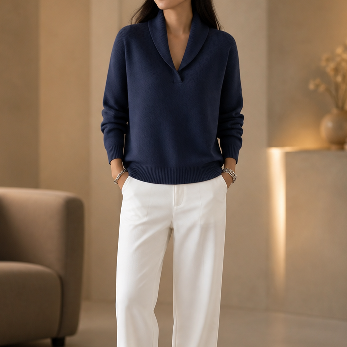 Josephine burgundy shawl collar pullover sweater, full front view with friend in matching style