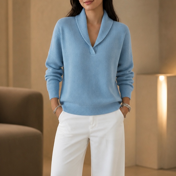 Josephine burgundy shawl collar pullover sweater, full front view with friend in matching style
