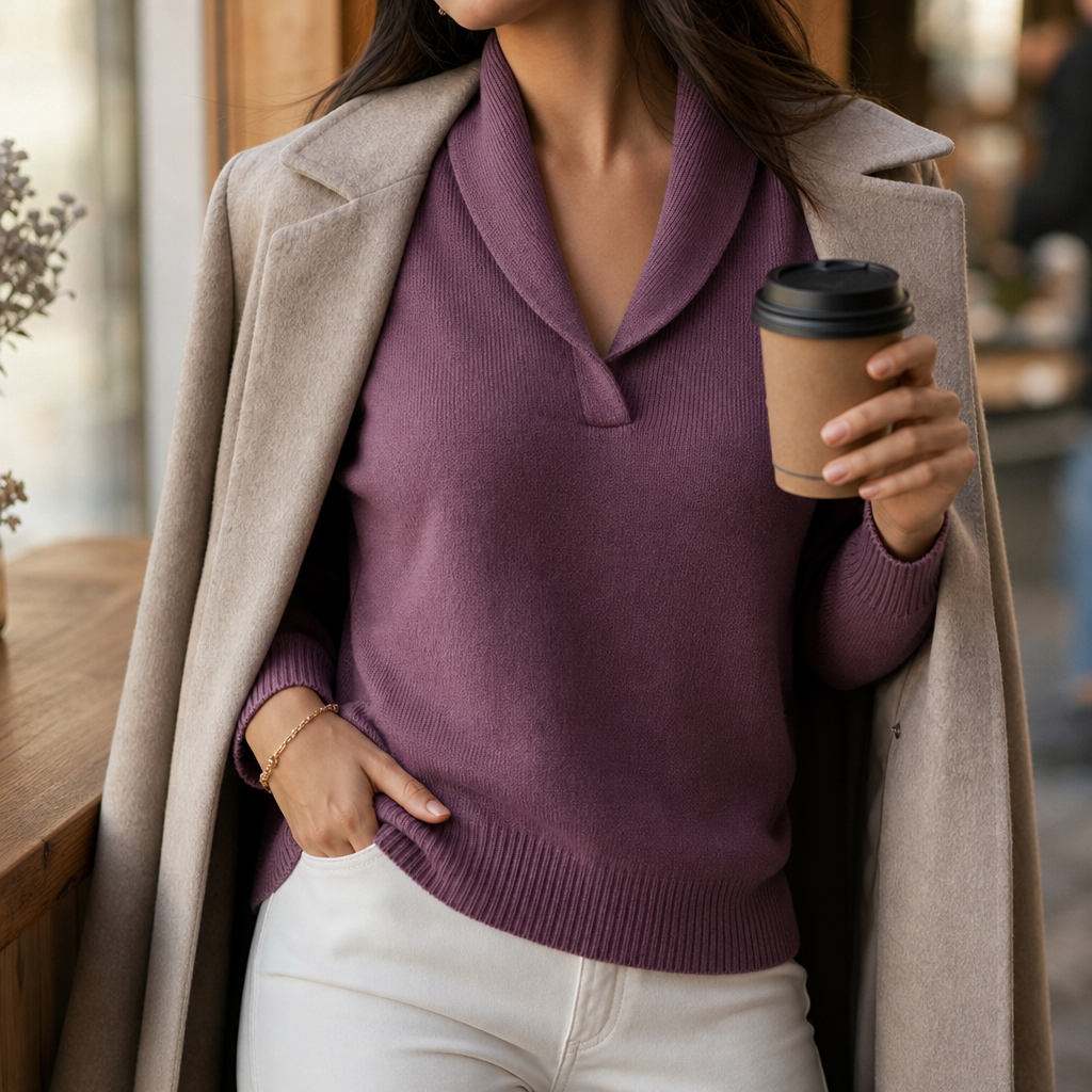Josephine burgundy shawl collar pullover sweater styled with a coat, outdoor look