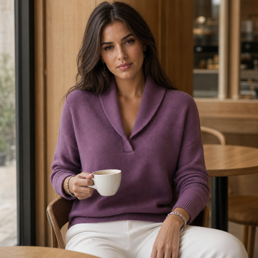 Josephine burgundy shawl collar pullover sweater, seated portrait with coffee cup