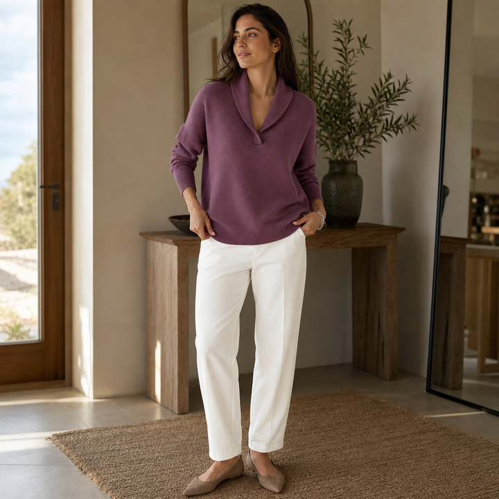 Josephine burgundy shawl collar pullover sweater, full front view with friend in matching style