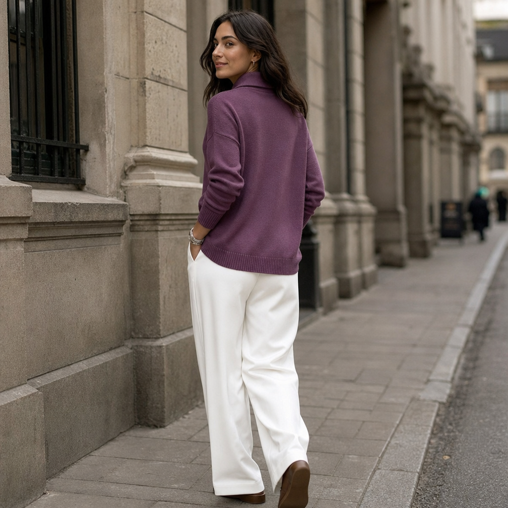 Josephine burgundy shawl collar pullover sweater, full front view with friend in matching style