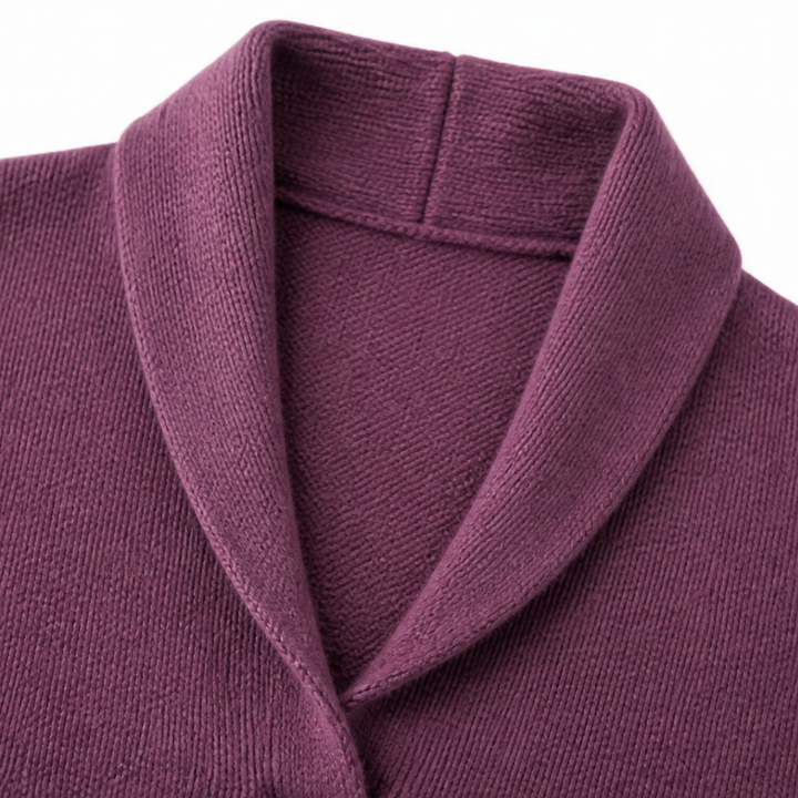 Josephine burgundy shawl collar pullover sweater, full front view with friend in matching style