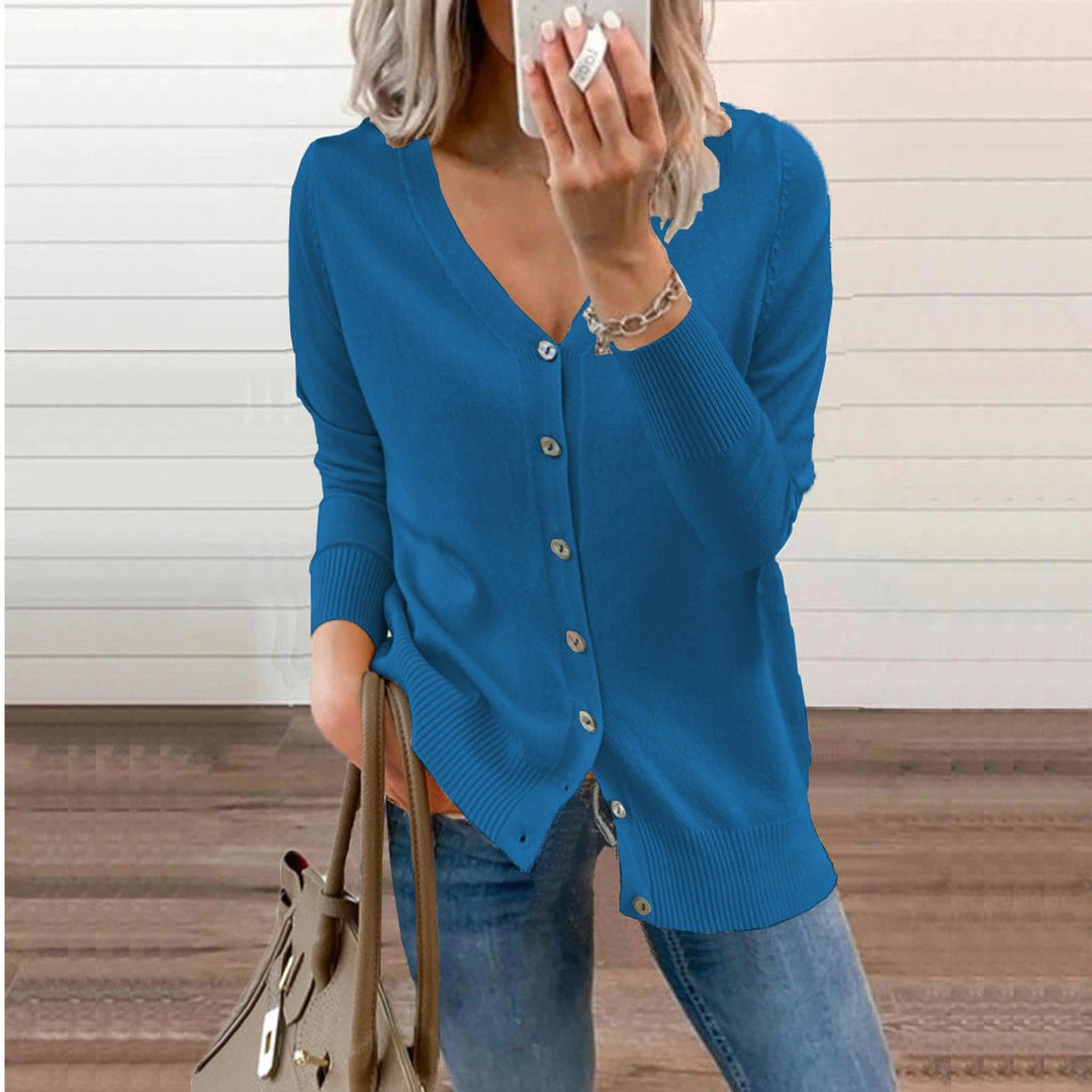 Josephine V-neck button-front cardigan in blue, front view