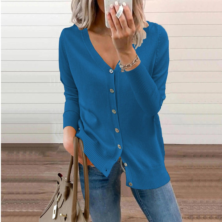 Josephine V-neck button-front cardigan in blue, front view