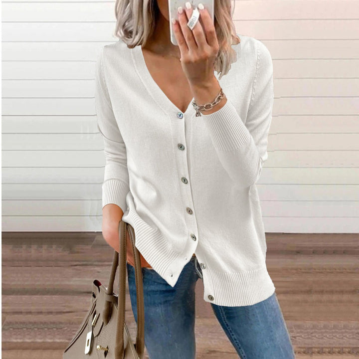 Josephine V-neck button-front cardigan in white, front view
