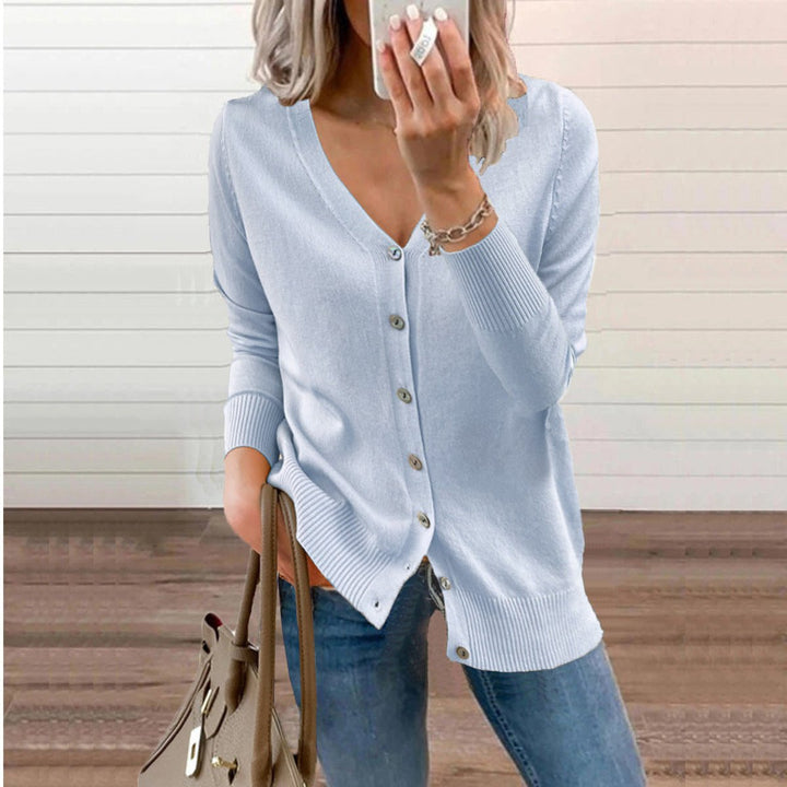 Josephine V-neck button-front cardigan in light blue, front view