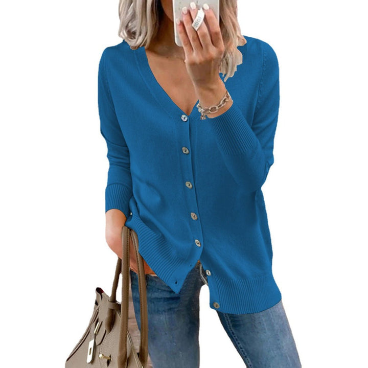 Josephine V-neck button-front cardigan in blue, front view alternate