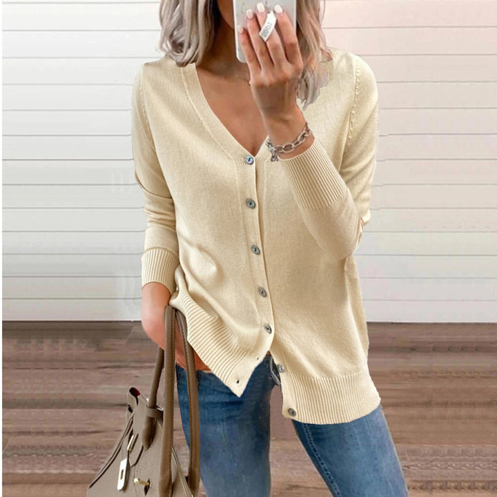 Josephine V-neck button-front cardigan in beige, front view