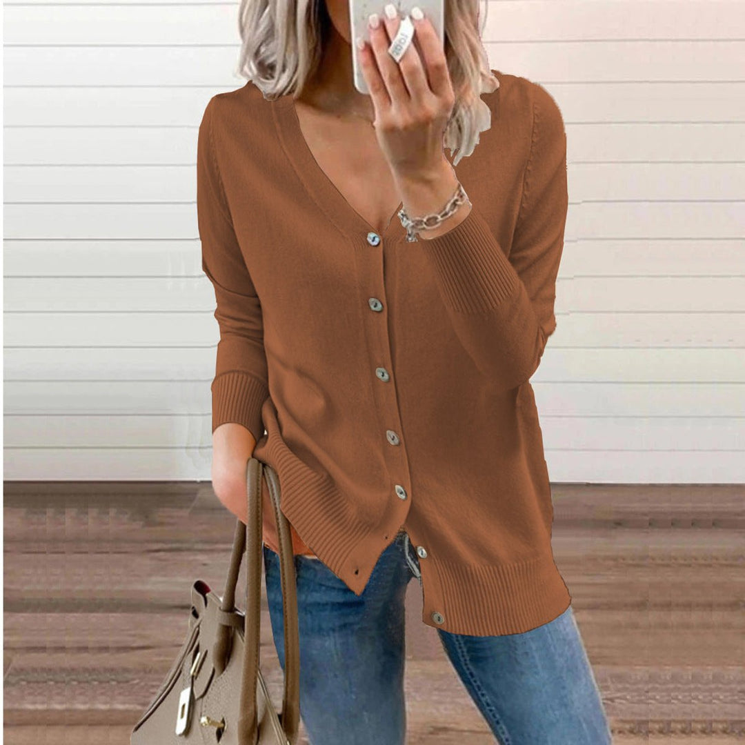 Josephine V-neck button-front cardigan in brown, front view
