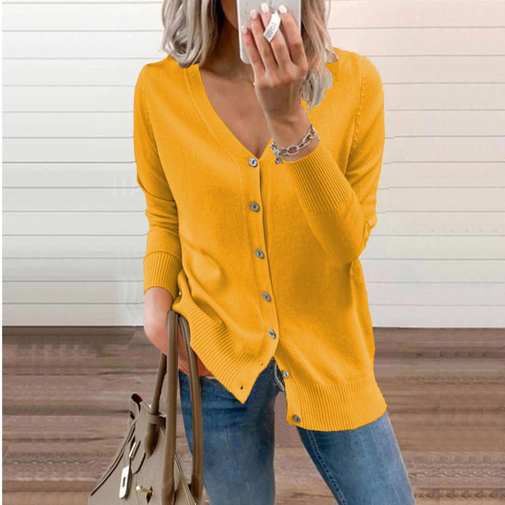 Josephine V-neck button-front cardigan in yellow, front view