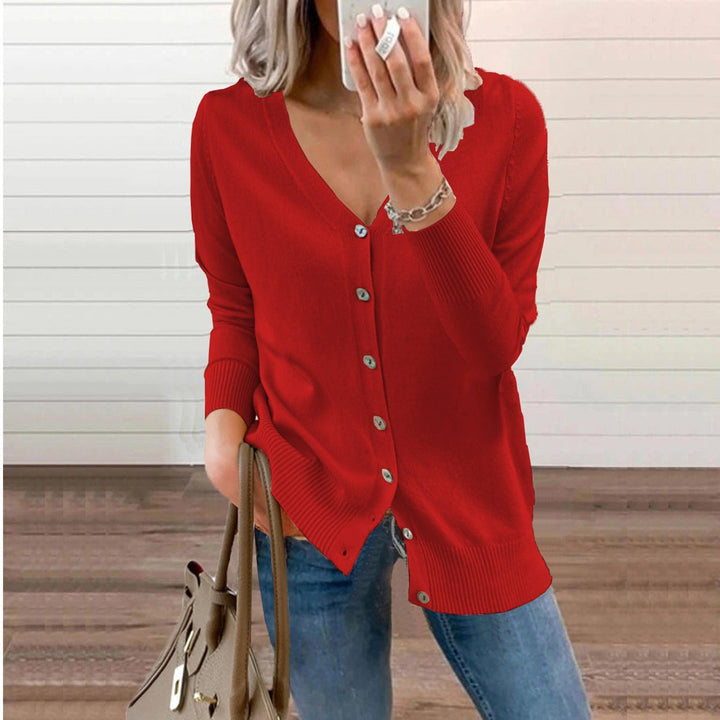 Josephine V-neck button-front cardigan in red, front view