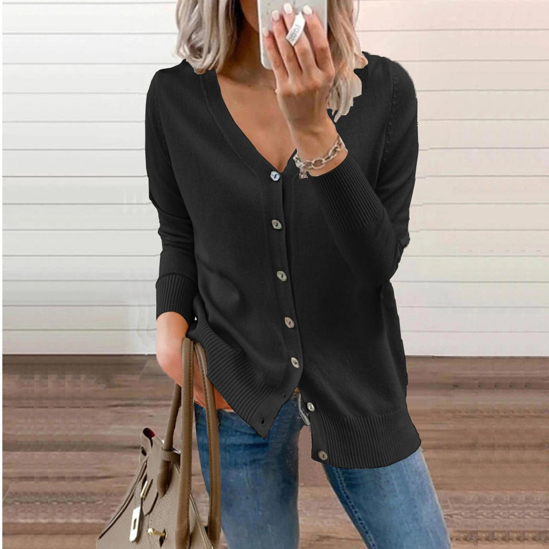 Josephine V-neck button-front cardigan in black, front view