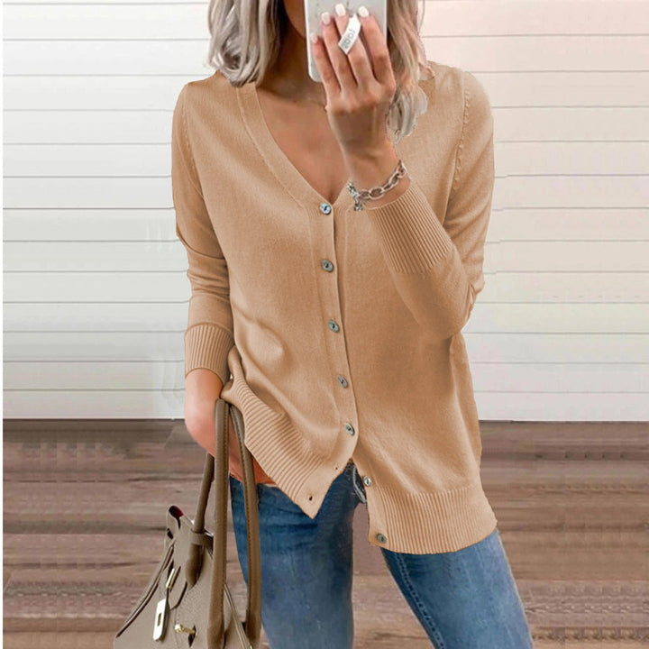 Josephine V-neck button-front cardigan in camel, front view