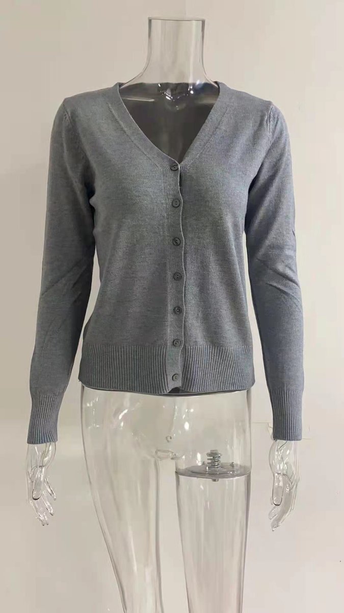 Josephine V-neck button-front cardigan in gray, flat lay on mannequin