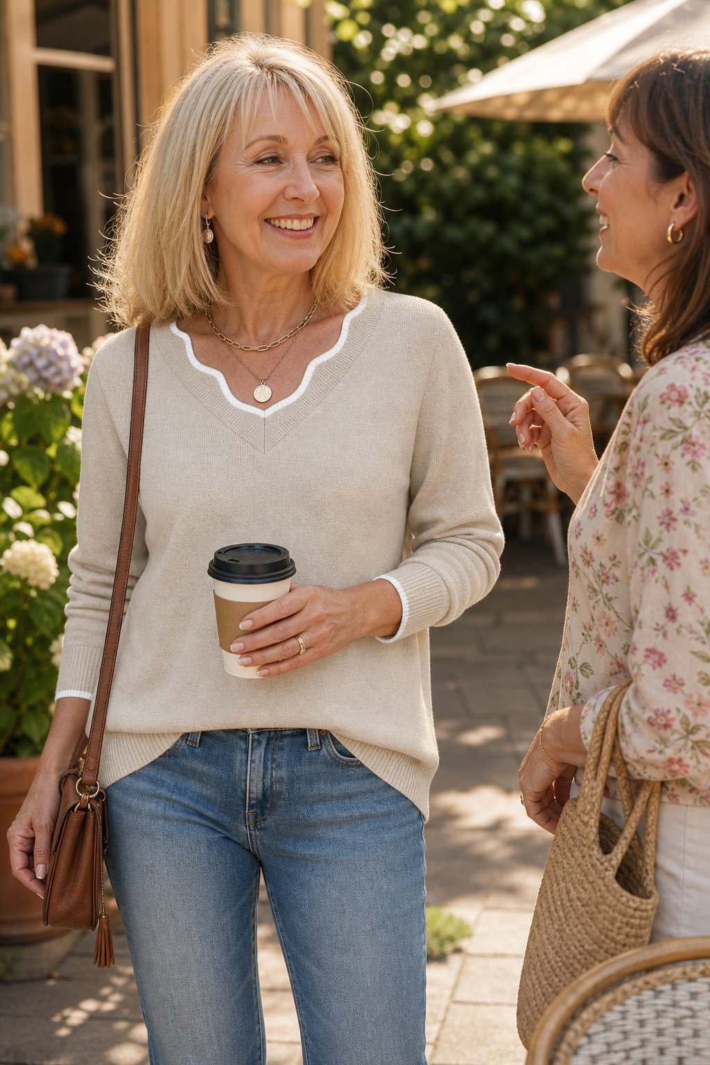 Josephine V-neck knit sweater worn while talking with a friend outdoors