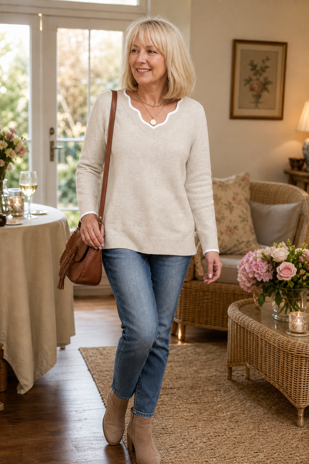 Josephine V-neck knit sweater styled with jeans and ankle boots, indoor setting