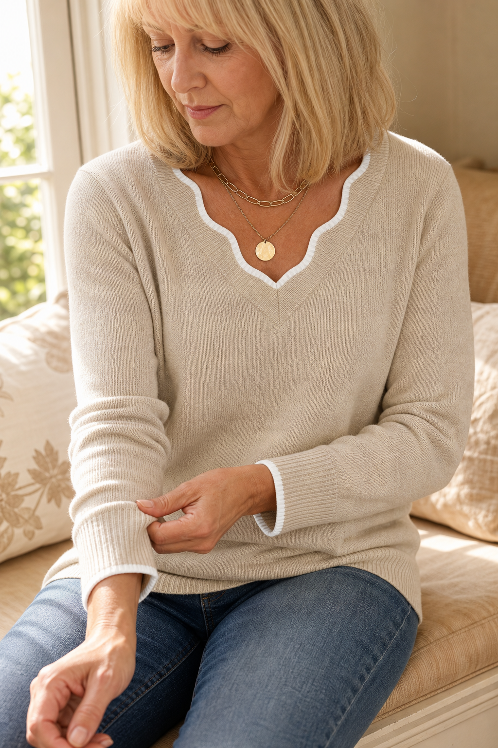 Josephine V-neck knit sweater styled with jeans and ankle boots, indoor setting