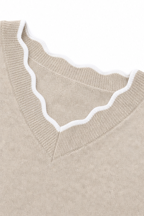 Josephine V-neck knit sweater styled with jeans and ankle boots, indoor setting