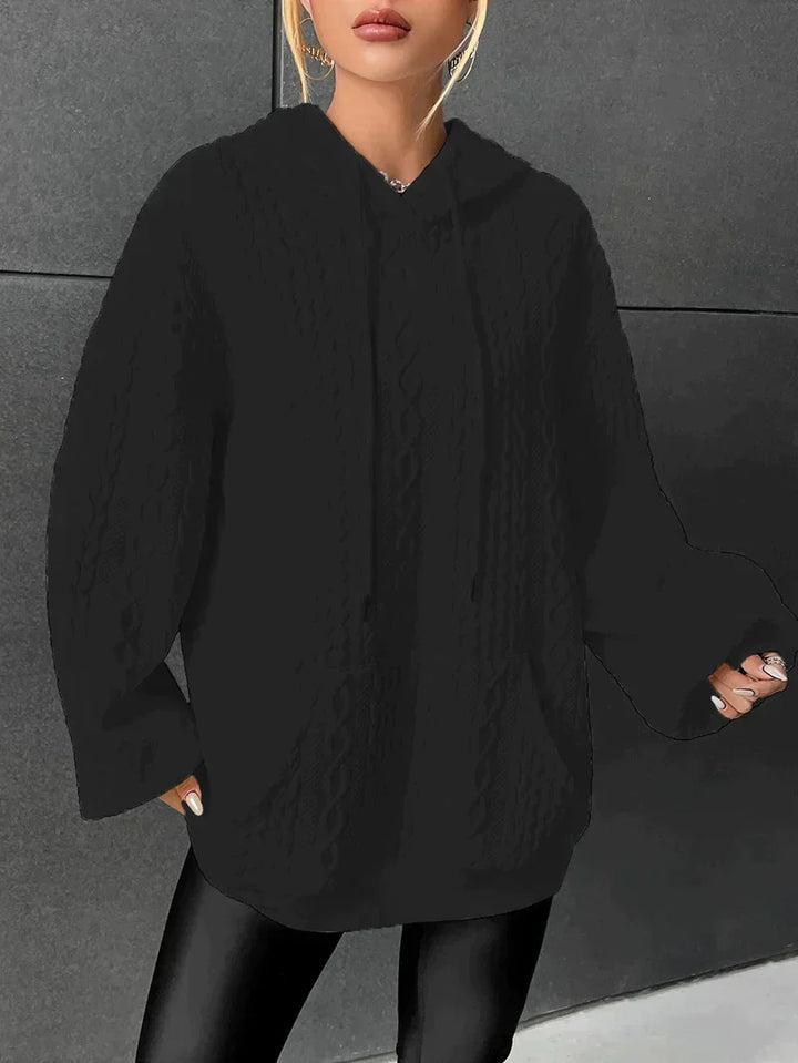 Kathryn oversized cable knit hoodie in black, front view