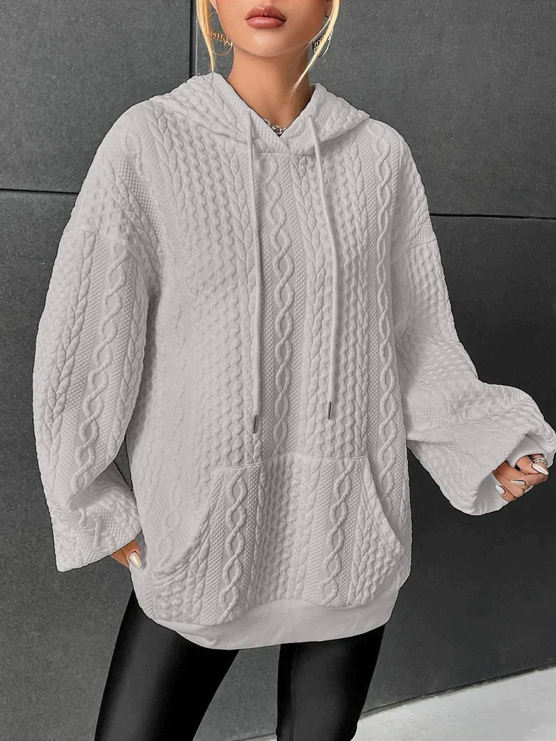 Kathryn oversized cable knit hoodie in light gray, front view