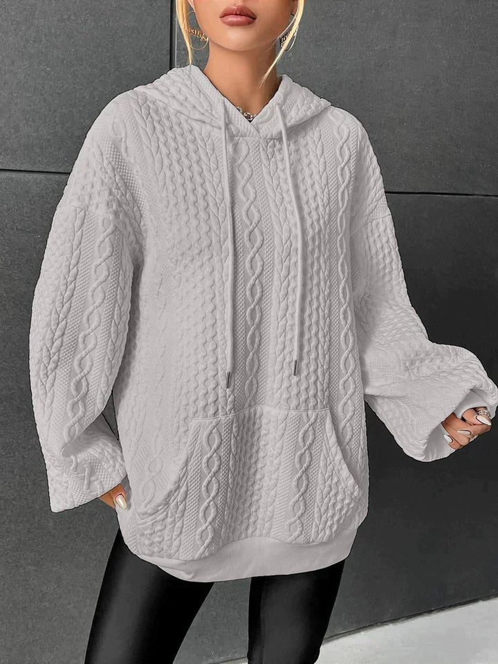 Kathryn oversized cable knit hoodie in light gray, front view